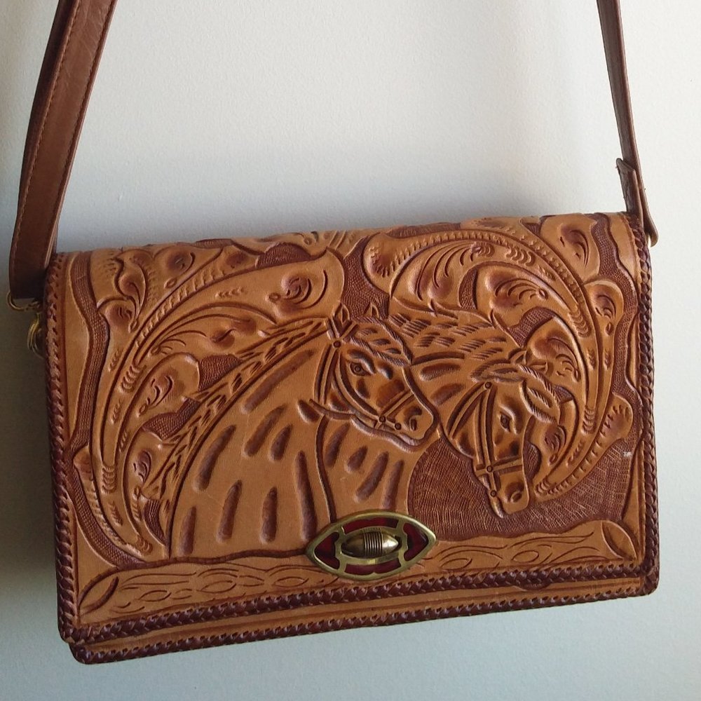Vintage Handmade Leather Crossbody Bag Print Horse
